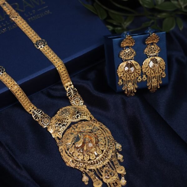 18K Gold Long Necklace Set for Women | Arabic Design Heritage Jewelry | Handcrafted Bridal Necklace with Earrings | Traditional Gold Set