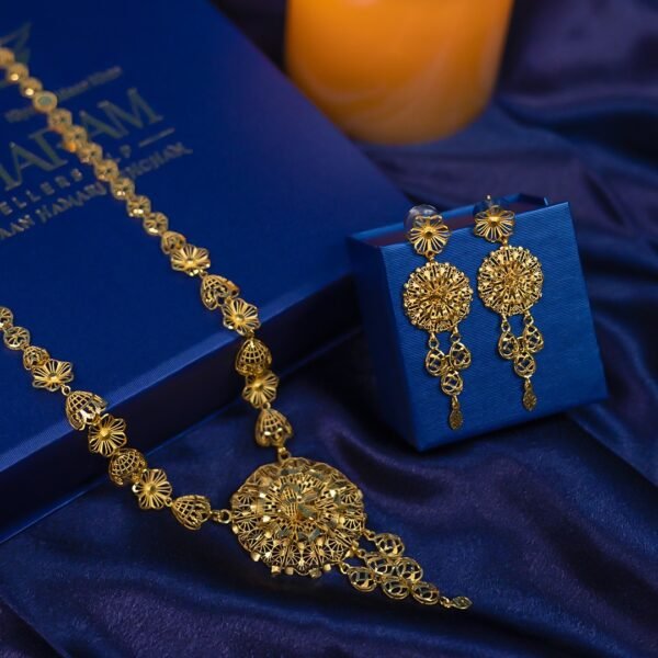 Fancy 18K Melting Gold Long Necklace & Earrings Set | Handcrafted Designer Bridal Jewelry