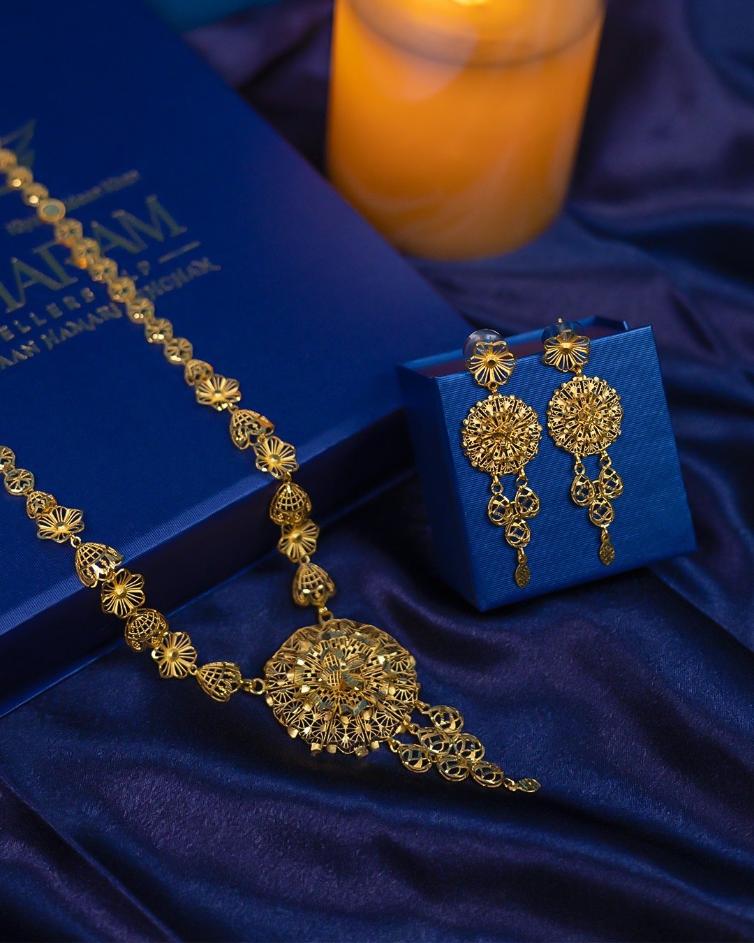 Fancy 18K Melting Gold Long Necklace & Earrings Set | Handcrafted Designer Bridal Jewelry